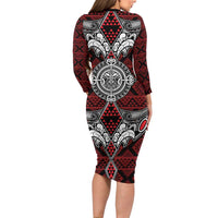 Red Aotearoa Tanilo Motif Family Matching Long Sleeve Bodycon Dress and Hawaiian Shirt Vintage Maori New Zealand Tribal Art Pattern LT9 - Polynesian Pride