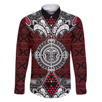 Red Aotearoa Tanilo Motif Family Matching Off Shoulder Maxi Dress and Hawaiian Shirt Vintage Maori New Zealand Tribal Art Pattern LT9 Dad's Shirt - Long Sleeve Red - Polynesian Pride