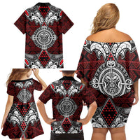 Red Aotearoa Tanilo Motif Family Matching Off Shoulder Short Dress and Hawaiian Shirt Vintage Maori New Zealand Tribal Art Pattern LT9 - Polynesian Pride