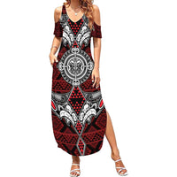 Red Aotearoa Tanilo Motif Family Matching Summer Maxi Dress and Hawaiian Shirt Vintage Maori New Zealand Tribal Art Pattern LT9 Mom's Dress Red - Polynesian Pride