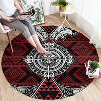 Red Aotearoa Taniko Motif Round Carpet Vintage Maori New Zealand Tribal Art Pattern