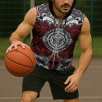 Red Aotearoa Taniko Motif Sleeveless Zip Hoodie Vintage Maori New Zealand Tribal Art Pattern - Polynesian Pride