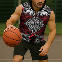 Red Aotearoa Taniko Motif Sleeveless Zip Hoodie Vintage Maori New Zealand Tribal Art Pattern - Polynesian Pride