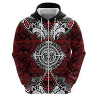 Red Aotearoa Tanilo Motif Zip Hoodie Vintage Maori New Zealand Tribal Art Pattern