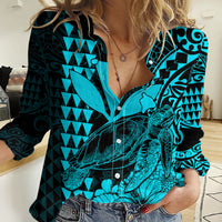 Kakau Polynesian Tribal Hawaiian Turtle with Kanaka Maoli Teal Women Casual Shirt LT9 Female Teal - Polynesian Pride