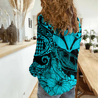 Kakau Polynesian Tribal Hawaiian Turtle with Kanaka Maoli Teal Women Casual Shirt LT9 - Polynesian Pride