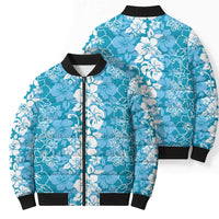 Hawaiian Lei Day Bomber Puffer Jacket Blue Hibiscus Flowers Lei Art LT9 - Polynesian Pride