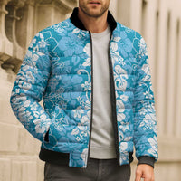Hawaiian Lei Day Bomber Puffer Jacket Blue Hibiscus Flowers Lei Art LT9 - Polynesian Pride