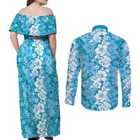 Hawaiian Lei Day Couples Matching Off Shoulder Maxi Dress and Long Sleeve Button Shirt Blue Hibiscus Flowers Lei Art LT9 - Polynesian Pride