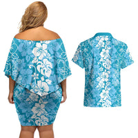 Hawaiian Lei Day Couples Matching Off Shoulder Short Dress and Hawaiian Shirt Blue Hibiscus Flowers Lei Art LT9 - Polynesian Pride