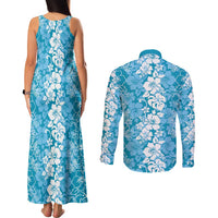 Hawaiian Lei Day Couples Matching Tank Maxi Dress and Long Sleeve Button Shirt Blue Hibiscus Flowers Lei Art LT9 - Polynesian Pride