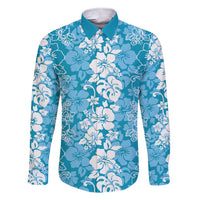 Hawaiian Lei Day Family Matching Short Sleeve Bodycon Dress and Hawaiian Shirt Blue Hibiscus Flowers Lei Art LT9 Dad's Shirt - Long Sleeve Blue - Polynesian Pride