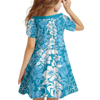 Hawaiian Lei Day Kid Short Sleeve Dress Blue Hibiscus Flowers Lei Art