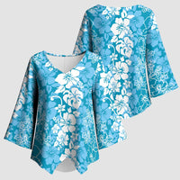 Hawaiian Lei Day Kimono Sleeve Blouse Blue Hibiscus Flowers Lei Art - Polynesian Pride