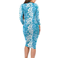 Hawaiian Lei Day Long Sleeve Bodycon Dress Blue Hibiscus Flowers Lei Art LT9 - Polynesian Pride