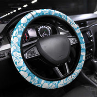 Hawaiian Lei Day Steering Wheel Cover Blue Hibiscus Flowers Lei Art