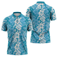 Hawaiian Lei Day Zipper Polo Shirt Blue Hibiscus Flowers Lei Art - Polynesian Pride
