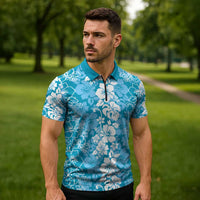 Hawaiian Lei Day Zipper Polo Shirt Blue Hibiscus Flowers Lei Art - Polynesian Pride