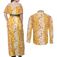 Hawaiian Lei Day Couples Matching Off Shoulder Maxi Dress and Long Sleeve Button Shirt Gold Hibiscus Flowers Lei Art LT9 - Polynesian Pride