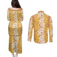 Hawaiian Lei Day Couples Matching Puletasi and Long Sleeve Button Shirt Gold Hibiscus Flowers Lei Art LT9 - Polynesian Pride
