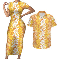 Hawaiian Lei Day Couples Matching Short Sleeve Bodycon Dress and Hawaiian Shirt Gold Hibiscus Flowers Lei Art LT9 Gold - Polynesian Pride