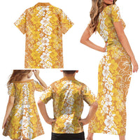 Hawaiian Lei Day Family Matching Short Sleeve Bodycon Dress and Hawaiian Shirt Gold Hibiscus Flowers Lei Art LT9 - Polynesian Pride