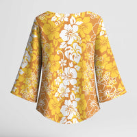 Hawaiian Lei Day Kimono Sleeve Blouse Gold Hibiscus Flowers Lei Art - Polynesian Pride