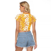 Hawaiian Lei Day Raglan Cropped T Shirt Gold Hibiscus Flowers Lei Art