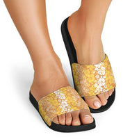 Hawaiian Lei Day Slide Sandals Gold Hibiscus Flowers Lei Art - Polynesian Pride
