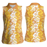 Hawaiian Lei Day Women Sleeveless Polo Shirt Gold Hibiscus Flowers Lei Art
