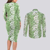 Hawaiian Lei Day Couples Matching Long Sleeve Bodycon Dress and Long Sleeve Button Shirt Green Hibiscus Flowers Lei Art