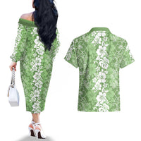 Hawaiian Lei Day Couples Matching Off The Shoulder Long Sleeve Dress and Hawaiian Shirt Green Hibiscus Flowers Lei Art