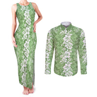 Hawaiian Lei Day Couples Matching Tank Maxi Dress and Long Sleeve Button Shirt Green Hibiscus Flowers Lei Art LT9 Green - Polynesian Pride