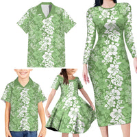 Hawaiian Lei Day Family Matching Long Sleeve Bodycon Dress and Hawaiian Shirt Green Hibiscus Flowers Lei Art LT9 - Polynesian Pride