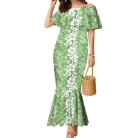 Hawaiian Lei Day Family Matching Mermaid Dress and Hawaiian Shirt Green Hibiscus Flowers Lei Art LT9 Mom's Dress Green - Polynesian Pride