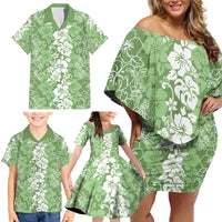 Hawaiian Lei Day Family Matching Off Shoulder Short Dress and Hawaiian Shirt Green Hibiscus Flowers Lei Art LT9 - Polynesian Pride