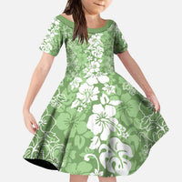 Hawaiian Lei Day Kid Short Sleeve Dress Green Hibiscus Flowers Lei Art LT9 KID Green - Polynesian Pride