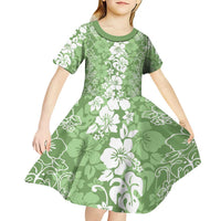 Hawaiian Lei Day Kid Short Sleeve Dress Green Hibiscus Flowers Lei Art LT9 - Polynesian Pride