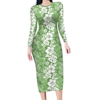 Hawaiian Lei Day Long Sleeve Bodycon Dress Green Hibiscus Flowers Lei Art LT9 Long Dress Green - Polynesian Pride