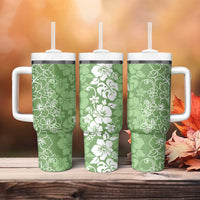 Hawaiian Lei Day Tumbler With Handle Green Hibiscus Flowers Lei Art