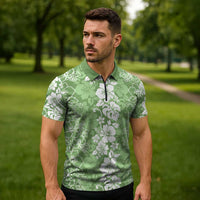 Hawaiian Lei Day Zipper Polo Shirt Green Hibiscus Flowers Lei Art - Polynesian Pride