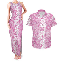 Hawaiian Lei Day Couples Matching Tank Maxi Dress and Hawaiian Shirt Pink Hibiscus Flowers Lei Art