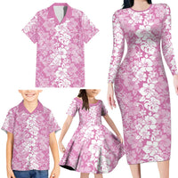 Hawaiian Lei Day Family Matching Long Sleeve Bodycon Dress and Hawaiian Shirt Pink Hibiscus Flowers Lei Art LT9 - Polynesian Pride