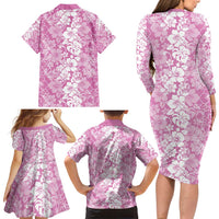 Hawaiian Lei Day Family Matching Long Sleeve Bodycon Dress and Hawaiian Shirt Pink Hibiscus Flowers Lei Art LT9 - Polynesian Pride