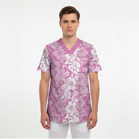 Hawaiian Lei Day Scrub Top Pink Hibiscus Flowers Lei Art - Polynesian Pride