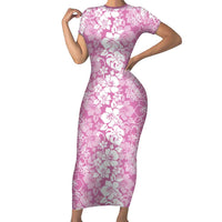 Hawaiian Lei Day Short Sleeve Bodycon Dress Pink Hibiscus Flowers Lei Art LT9 Long Dress Pink - Polynesian Pride