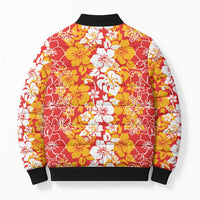 Hawaiian Lei Day Bomber Puffer Jacket Red Hibiscus Flowers Lei Art - Polynesian Pride