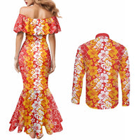 Hawaiian Lei Day Couples Matching Mermaid Dress and Long Sleeve Button Shirt Red Hibiscus Flowers Lei Art LT9 - Polynesian Pride