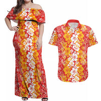 Hawaiian Lei Day Couples Matching Off Shoulder Maxi Dress and Hawaiian Shirt Red Hibiscus Flowers Lei Art LT9 Red - Polynesian Pride