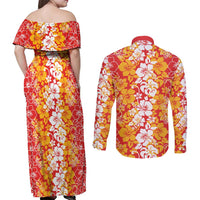 Hawaiian Lei Day Couples Matching Off Shoulder Maxi Dress and Long Sleeve Button Shirt Red Hibiscus Flowers Lei Art LT9 - Polynesian Pride